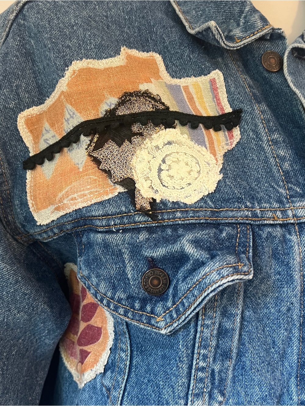 Vintage 80s 90s Custom Upcycled Levi’s Denim Trucker Jacket M/L USA patch ooak - Picture 7 of 14